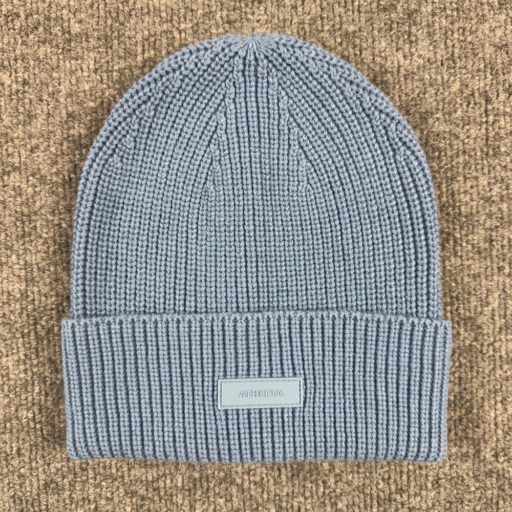 Athleta Hat Beanie Womens One Size Blue Knit Ribbed Cotton Wool Stretch Winter